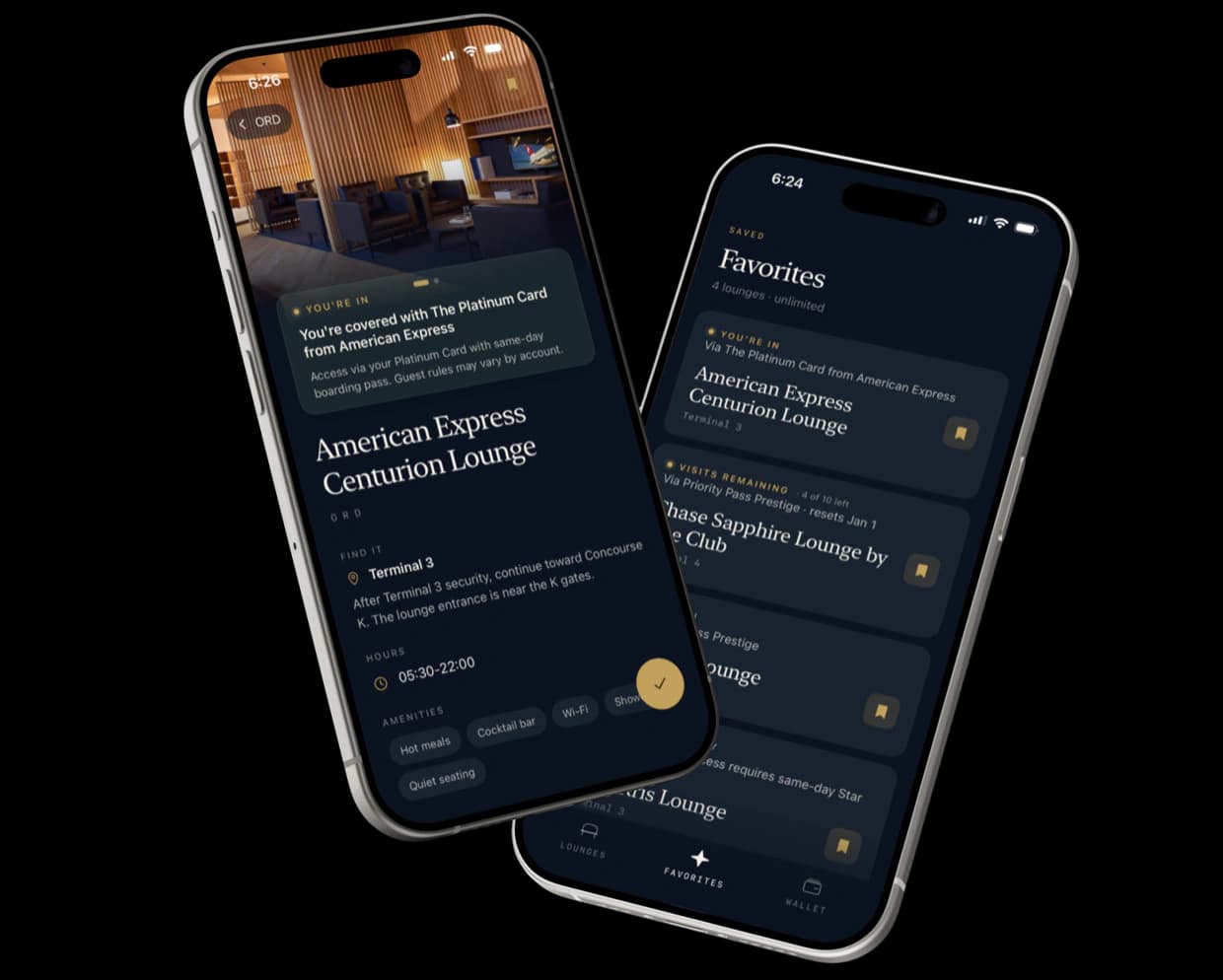 LoungeAdvisor on iPhone showing Centurion Lounge access details and saved favorites