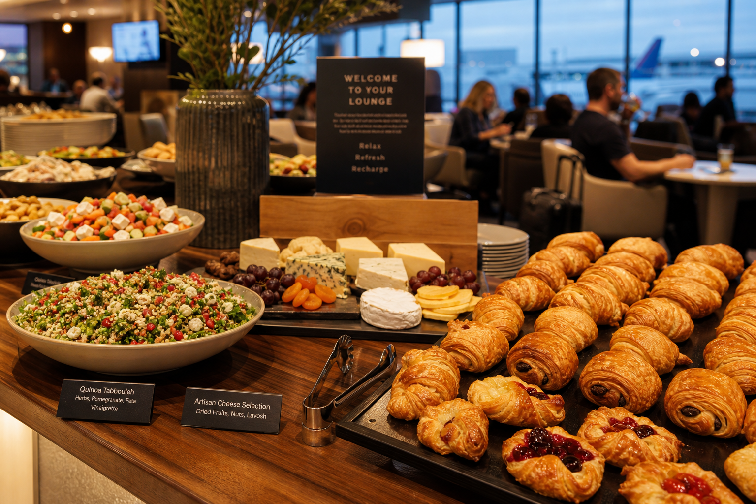 A close-up of an airport lounge buffet with a variety of gourmet foods.