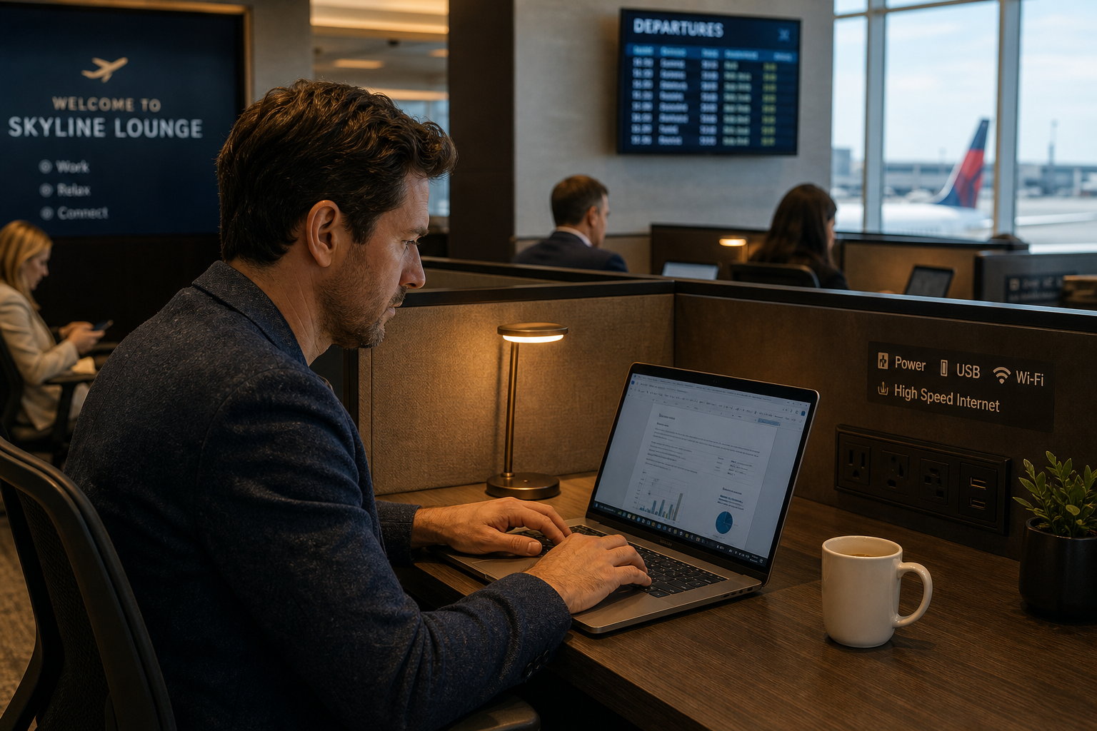 Close-up of a modern airport lounge workspace with a traveler working on a laptop.