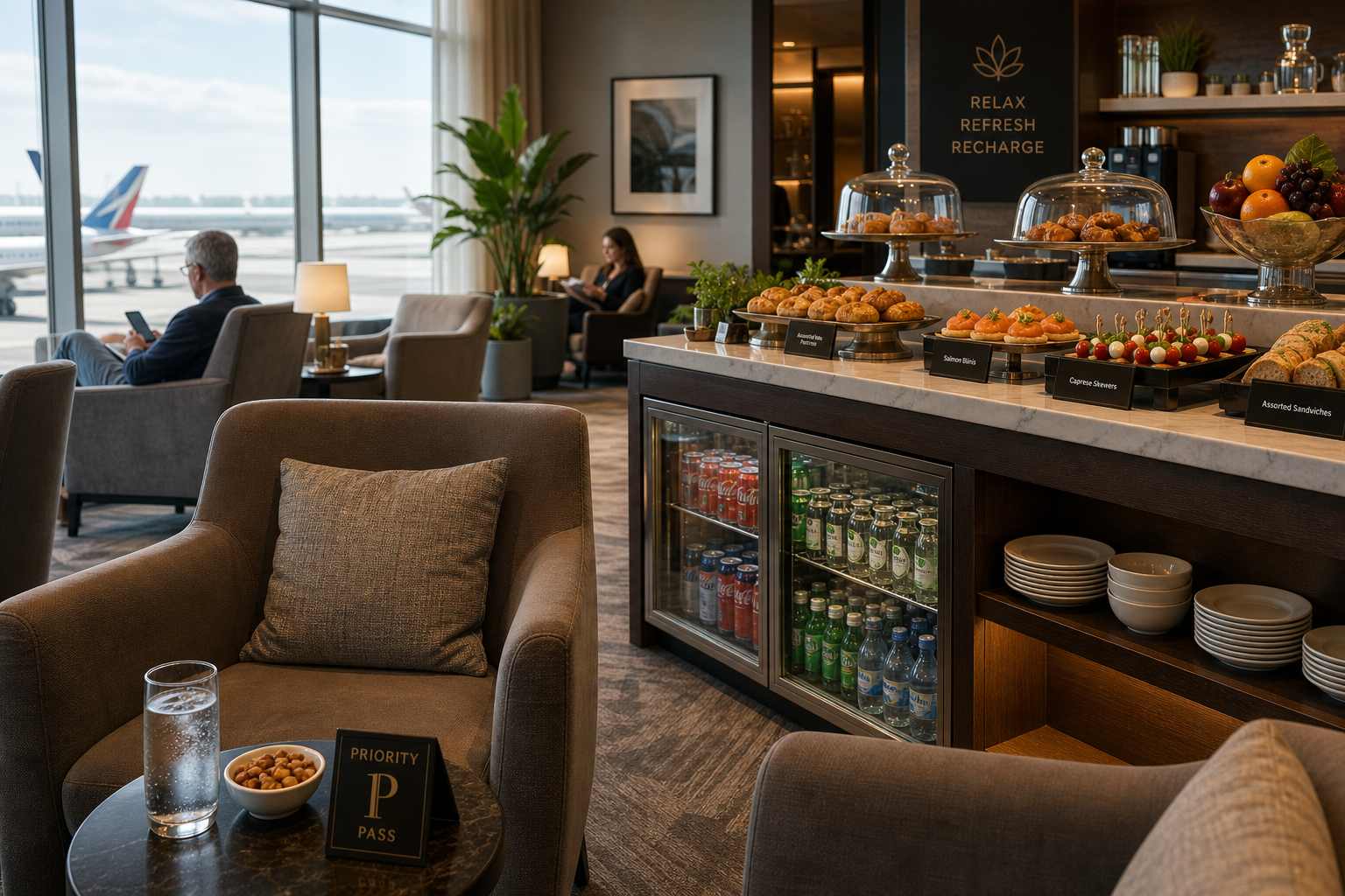 Close-up of seating and amenities in an airport lounge.