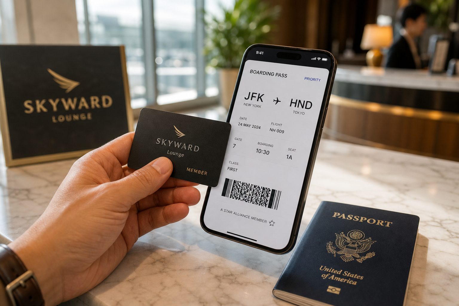 Close-up of a hand holding a membership card and boarding pass