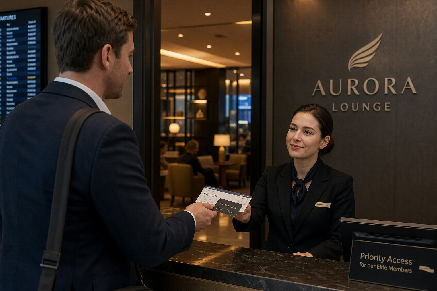Man at airport lounge entrance showing boarding pass and status card to lounge attendant.
