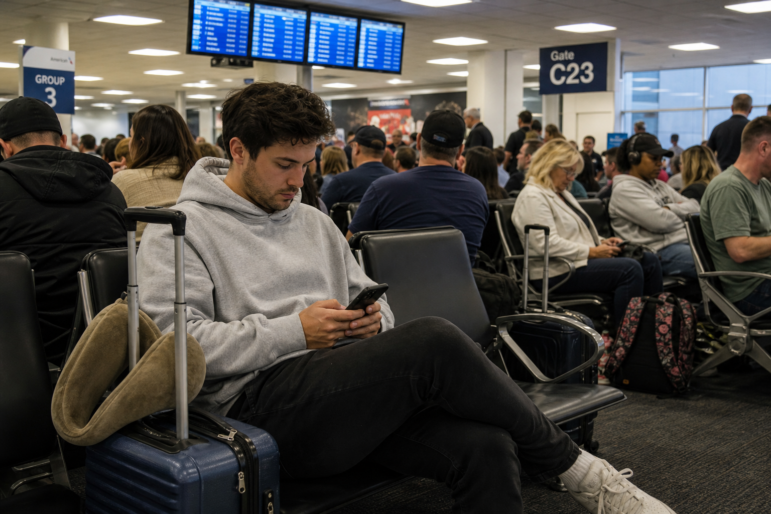 Detail shot of a traveler in a crowded terminal seating area near a gate