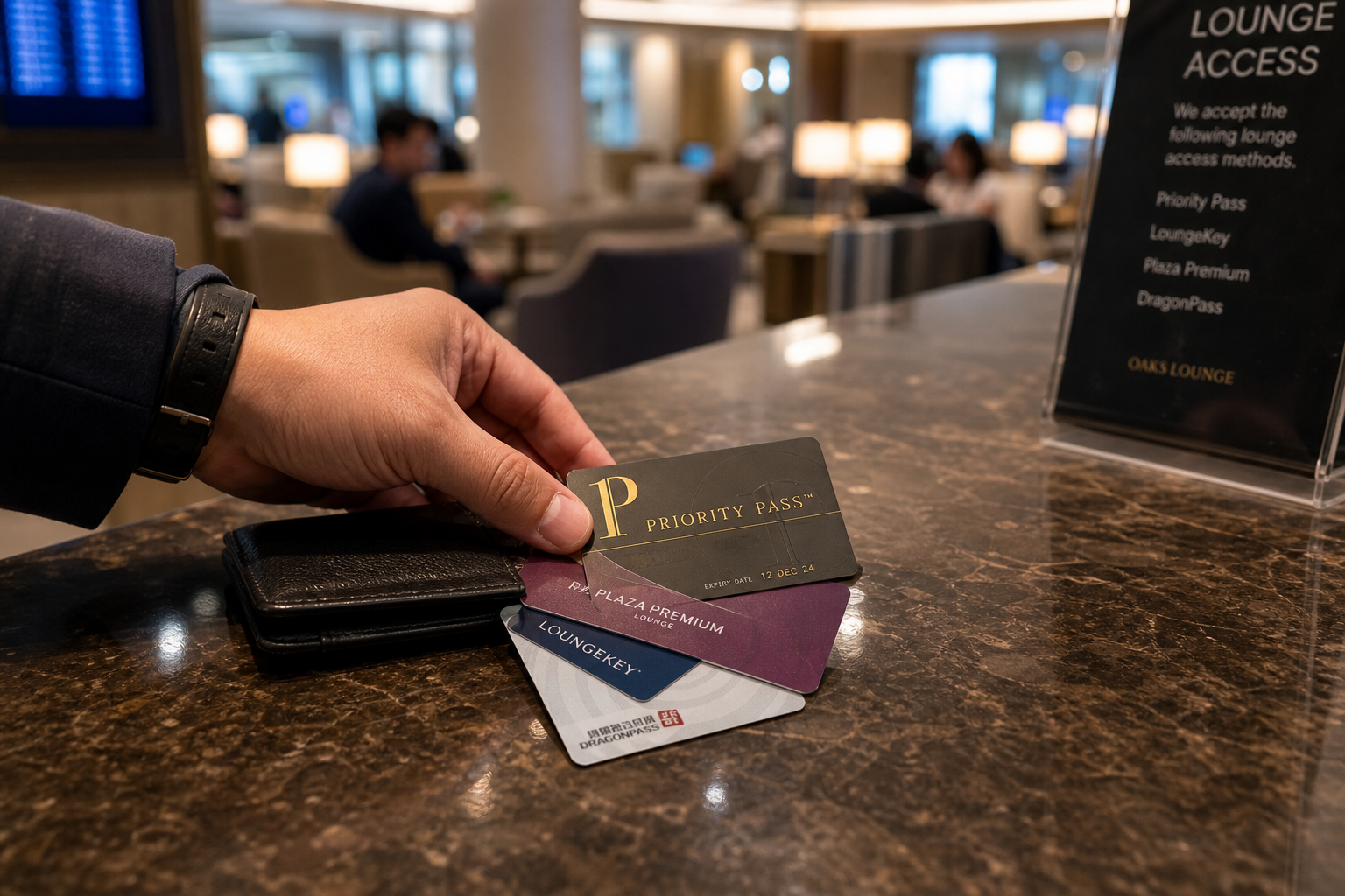 Close-up of lounge access cards and a wallet on a reception desk.