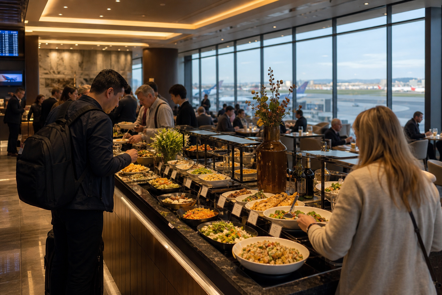 Elegant airport lounge buffet setup with passengers selecting food.