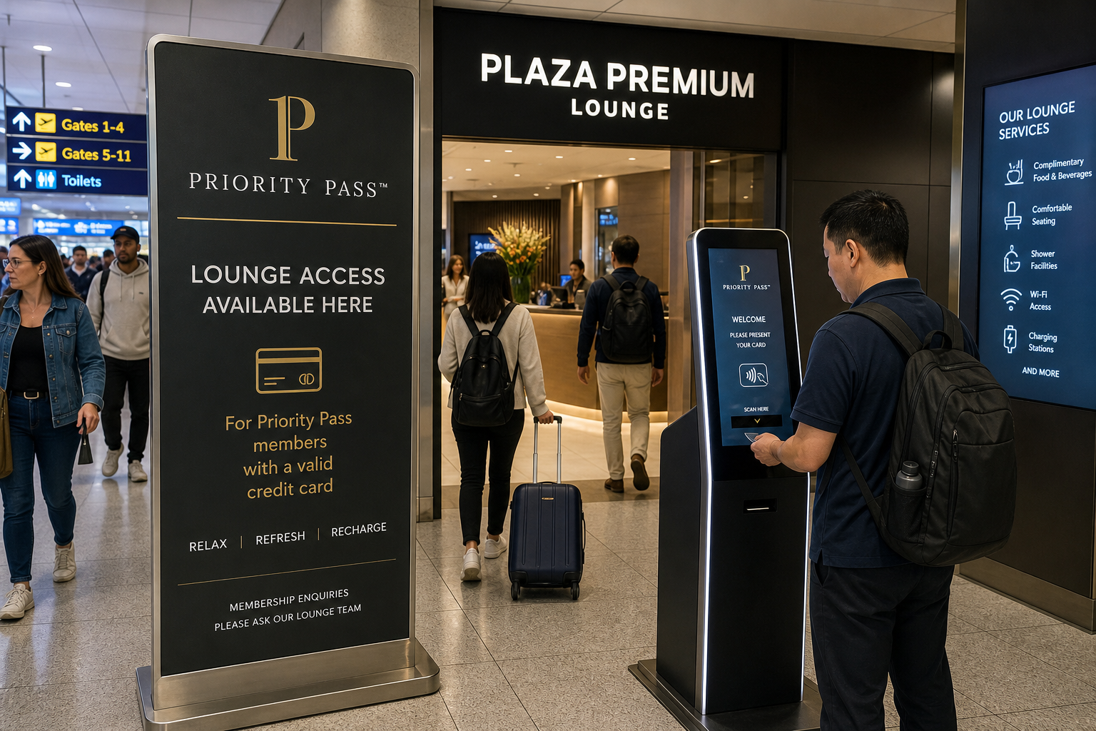 Sign at an airport lounge entrance for Priority Pass access, showing diverse travelers entering and using their credit cards for entry.